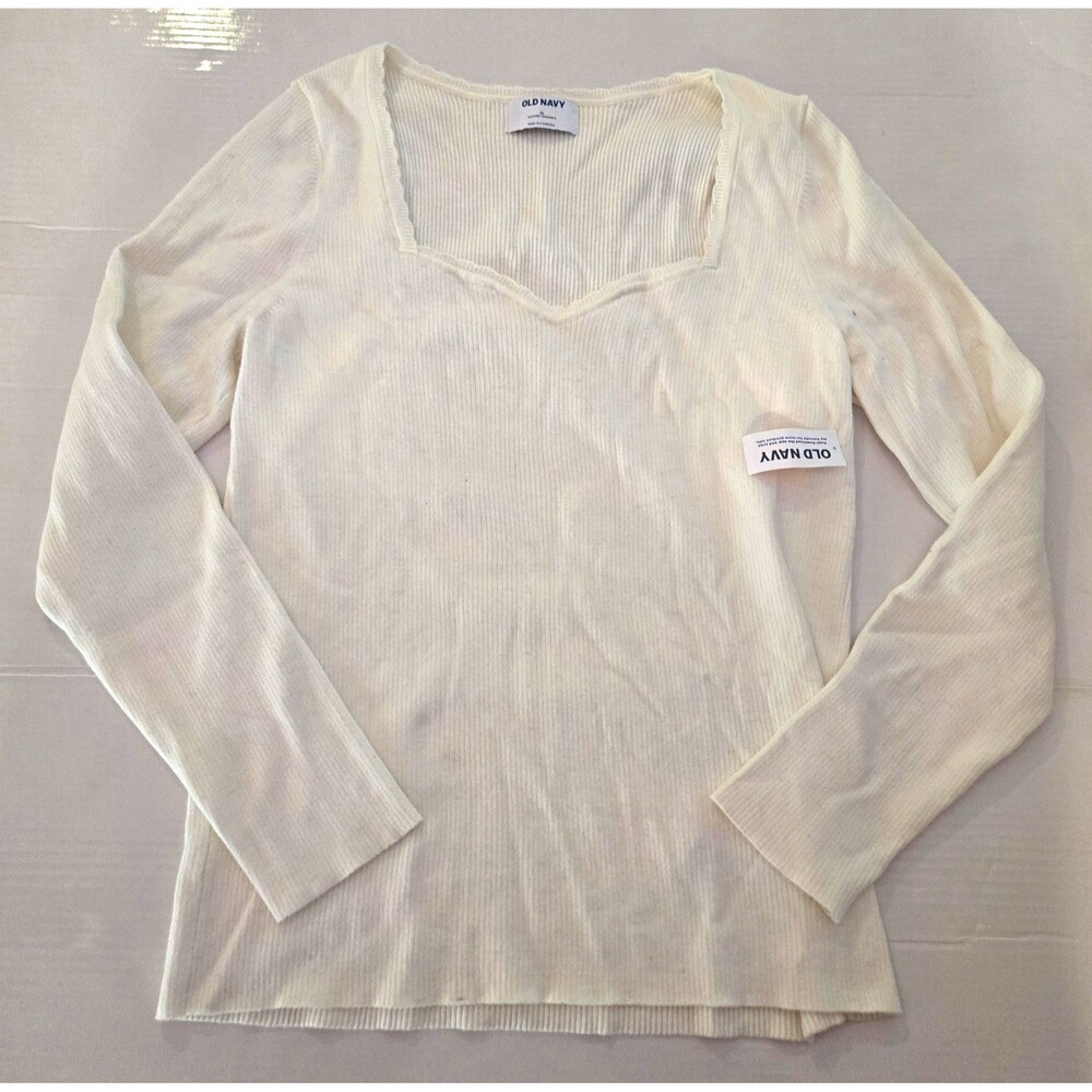Old Navy Women's XL White Solid Ribbed Knit V-Neck Long Sleeve Sweater